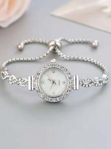 1pc/2pcs Fashionable Women's Bracelet Watch, Luxury Round Dial With Rhinestone Diamond Crystal Ripple Design, Alloy Quartz Watch, Gift For Girlfriend