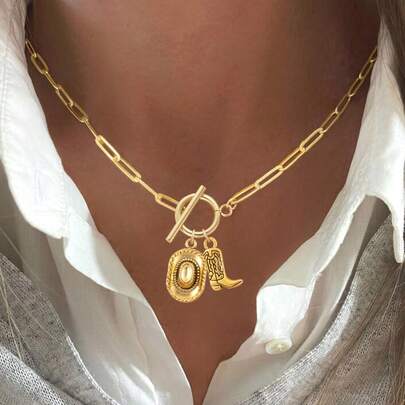 1pc New Classic Western Cowboy Hat & Boot Pendant Necklace, Gold T-Bar Clasp Stainless Steel Paperclip Chain, For Women
