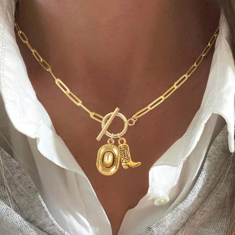 1 pieza Nuevo Collar Colgante de Estilo Vaquero Clásico Occidental con Sombrero y Bota, Cadena de Acero Inoxidable con Broche de Barra en T Dorado, para Mujer - collar - Ver 1