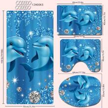 1/4 Stück Blauer Delfin & Strass Themen Badezimmer Set, beinhaltet Duschvorhang, Badematte, U-förmiger Toilettendeckel, wasserdicht, modernes und stilvolles Badezimmer Dekor, ohne Bohren, maschinenwaschbar Polyester Rückseite Für den Schulanfang