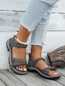 Women's Sports Sandals, Soft & Comfortable Sole, Simple And Elegant Double Strap Design, Adjustable Hook & Loop Closure, Suitable For Commuting, Shopping, Casual Outing, Geometric Woven Bohemian Pattern, Flat Sandals For Holiday, Outdoor, Beach, Summer - Grey - View 2