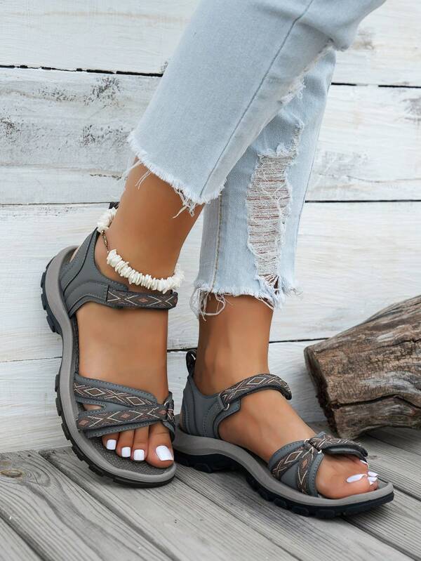 Sandalias deportivas para mujer, suela suave y cómoda, diseño de doble correa simple y elegante, cierre ajustable con , adecuado para ir al trabajo, compras, salidas casuales, con estampado geométrico tejido de estilo bohemio, sandalias planas para vacaciones, exterior, playa, verano
