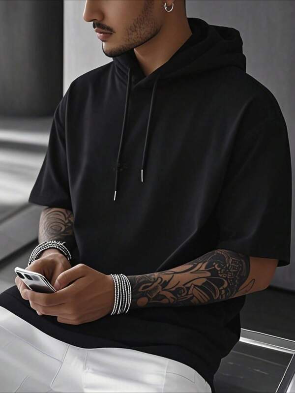 Men's Solid Color Drawstring Hooded Short Sleeve T-Shirt, Suitable For Outdoor Casual Wear In Summer