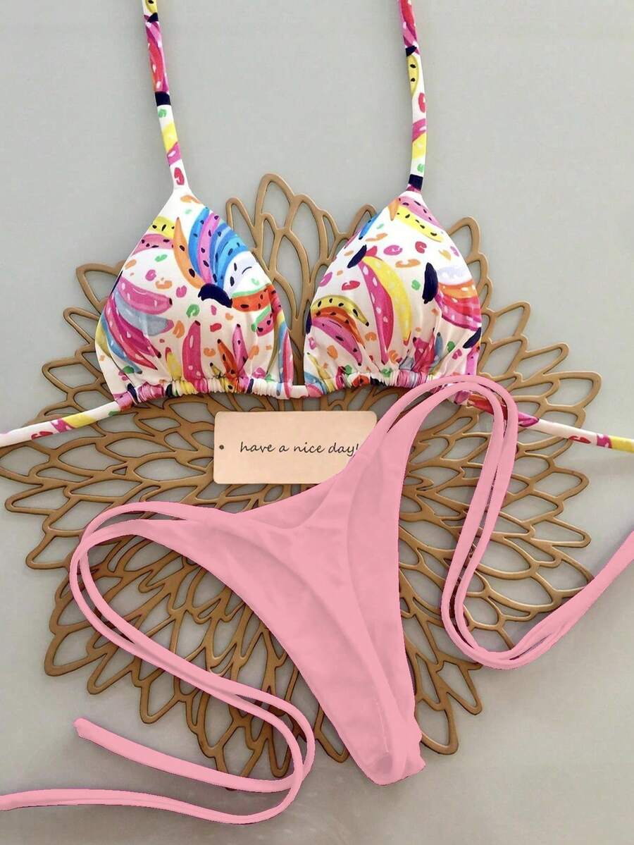 2pcs Women Summer Beach Pattern Print Halter Tie String Sexy Thong Bikini Swimsuit Set - Pink - View 1