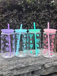 17oz Przezroczysta Butelka Na Wodę PC Ze Słomką, Nadaje Się Do Podróży Na Zewnątrz, Filiżanka Do Kawy, Uroczy Wzór Kokardy, Prezent Dla Niej, Urodziny