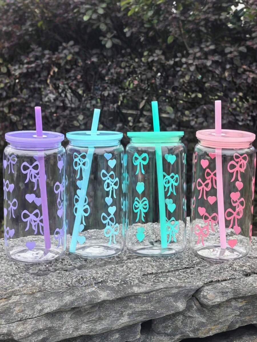 17oz Przezroczysta Butelka Na Wodę PC Ze Słomką, Nadaje Się Do Podróży Na Zewnątrz, Filiżanka Do Kawy, Uroczy Wzór Kokardy, Prezent Dla Niej, Urodziny