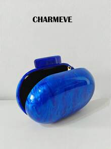 纯色迷你椭圆形亚克力晚宴包，经典设计，适合婚礼、宴会、派对礼服，蛋形链条手拿包 - 藍色 - 查看 4