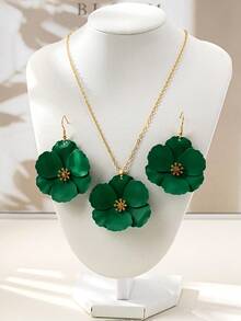 1pc Metal Asymmetrical Colorful Multi-Layered Floral Pendant Necklace & 1 Pair Floral Earrings Set For Women - Green - View 2