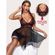 Women Lingerie Lace Babydoll Mesh Nightgown Chemise Boudoir Nighty Sleepwear - Black&Red - 查看 2