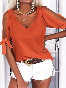 Womens Cold Shoulder V Neck Tops Short Sleeve Loose Fit Summer Casual Cutout T Shirt Blouse - 橘色 - 查看 1