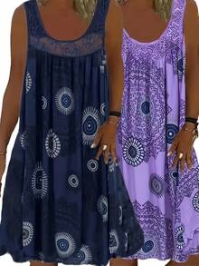 2 Women's Plus Size Pajamas-Geometric Pattern And Leaf Print Contrast Lace Decorative Dress, Medium Elastic Round Neck Four Seasons Comfortable Nightgown, Machine Washable, Soft And Breathable Material.