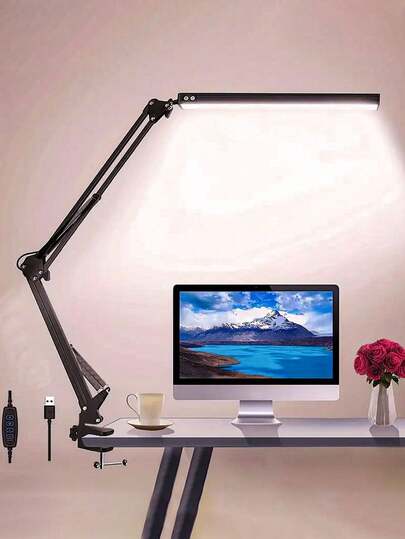 1 Paquete de lámpara de escritorio LED regulable en negro/blanco con brazo oscilante y clip, alimentación USB, protección ocular, función de memoria, adecuada para montaje semi empotrado en oficina, dormitorio, estudio, lectura y pintura, belleza, implantación de pestañas, con 3 colores de luz y temperatura de color ajustable