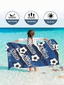 儿童个性化运动连帽浴巾，足球图案，可定制姓名，游泳/沙滩浴巾 - 彩色 - 查看 3