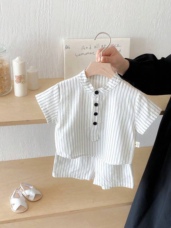 Summer Sweet Bowknot Stripe Short Sleeve Dress Suit For Toddlers Boys And Girls