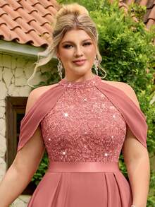 Plus Size Women's Sequin Floral Lace Hollow Shoulder Chiffon Formal Party Dress, Suitable For Prom, Graduation, Wedding, Birthday Party In Summer - Dusty Pink - View 9