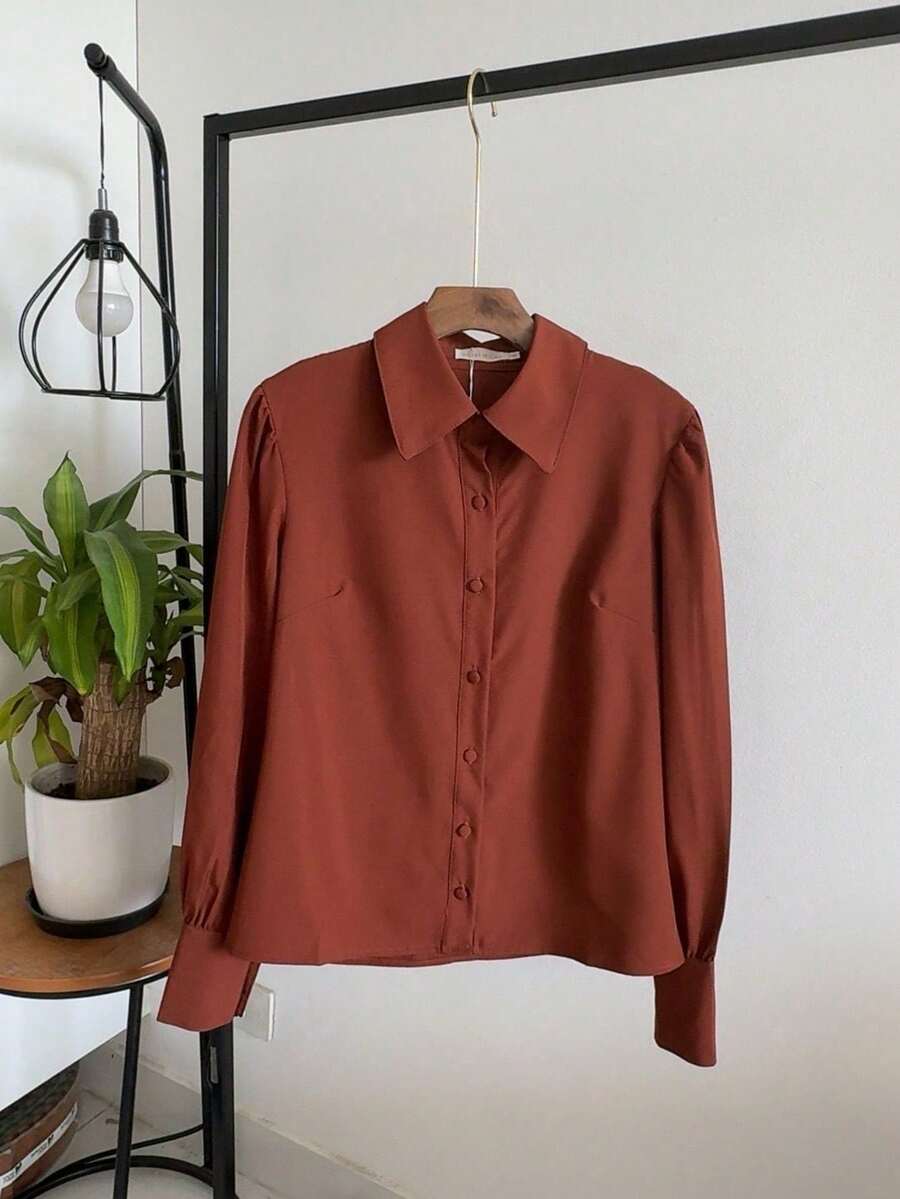 Women's White Shirt With Puff Sleeves JEMMY MODA - 咖啡棕 - 查看 1