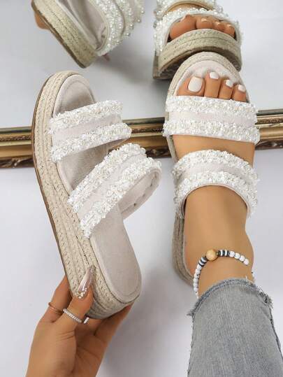 Sandali con perle stile boho per donna, sandali con zeppa e platform monocromatici, sandali estivi casual, comodi sandali con punta aperta, sandali flat da donna stile romano, sandali monocromatici con lacci incrociati punta aperta antiscivolo