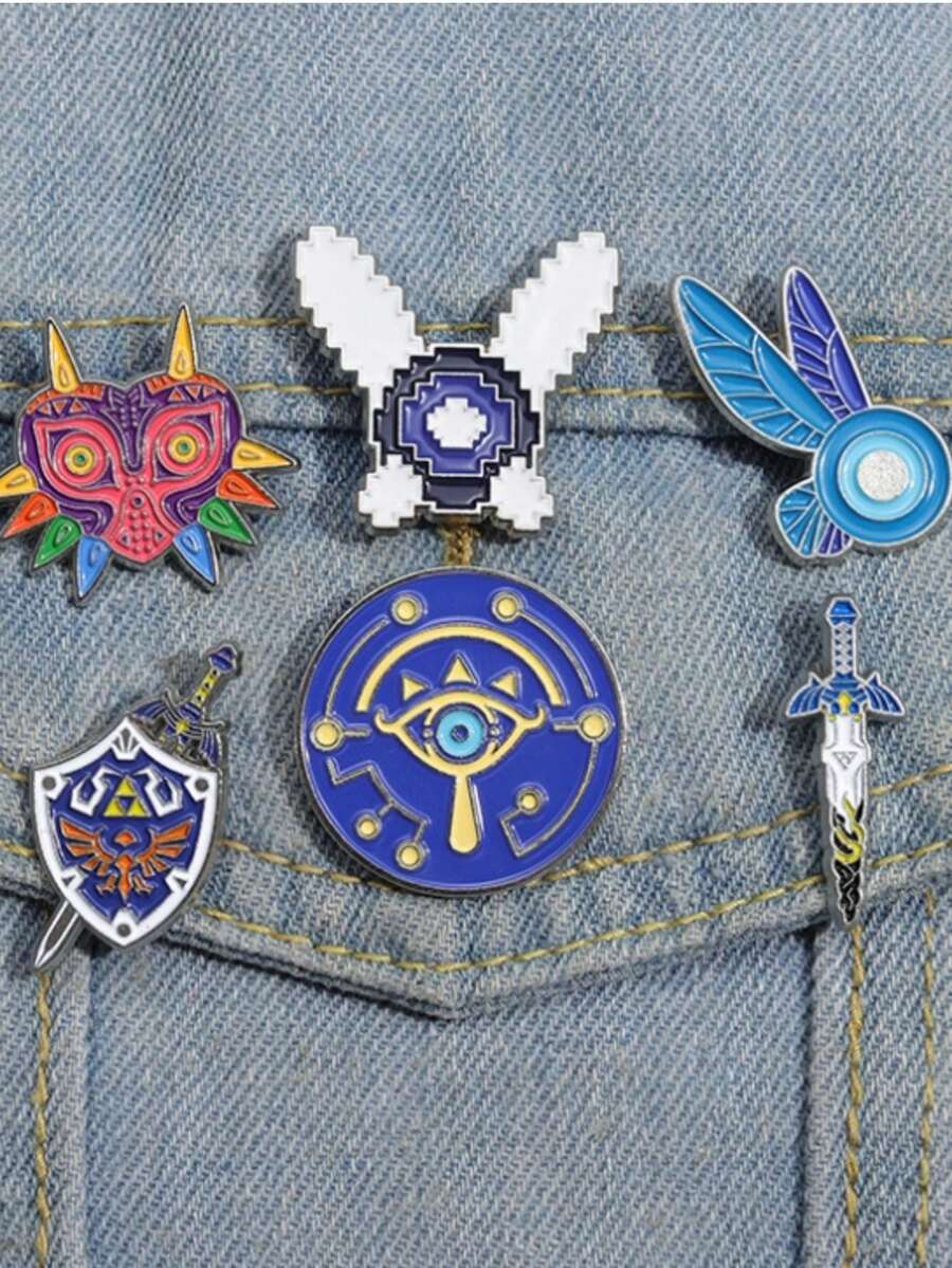 6pcs Anime/Game Enamel Brooch Set, Custom Sword, Warlock, Shield Brooches, Cartoon Badge Lapel Pins, Gamer Gift - Multicolor - View 1