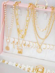 108pcs Style Simple Elegant Vintage Butterfly, Heart, Faux Pearl, Twist Knot, Lock,Rhinestone, Wide Band, Necklace, Ring, Bracelet Jewelry Set For Holiday, Party, Daily Wear - Vàng kim - 108 miếng - Xem 5
