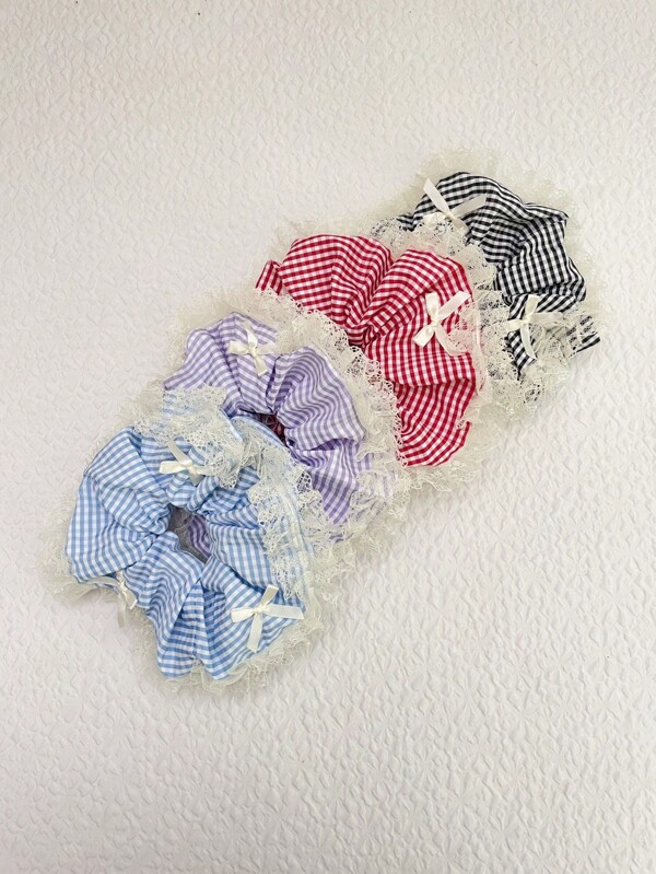 1 Piece Back School Lace Plaid Bow Scrunchies Hair Tie For Women Ladies Hair Accessory Black Red Purple Blue Color, Halloween Accessories ,Hair Accessories, Scrunchy Hair Ties