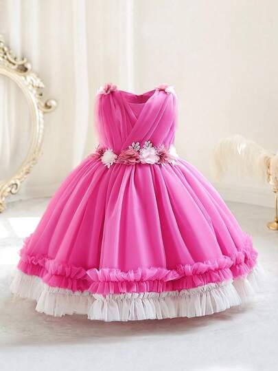 Young Girl Fuchsia 3D Floral Mesh Elegant Christmas Party Dress, Princess Dress Suitable For Girls Birthday Party, Wedding, Festival Celebration
