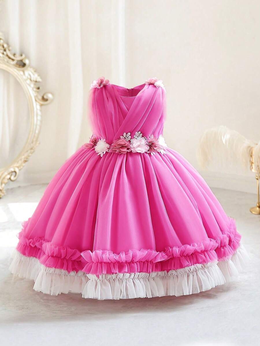 Young Girl Fuchsia 3D Floral Mesh Elegant Christmas Party Dress, Princess Dress Suitable For Girls Birthday Party, Wedding, Festival Celebration - Hot Pink - View 1