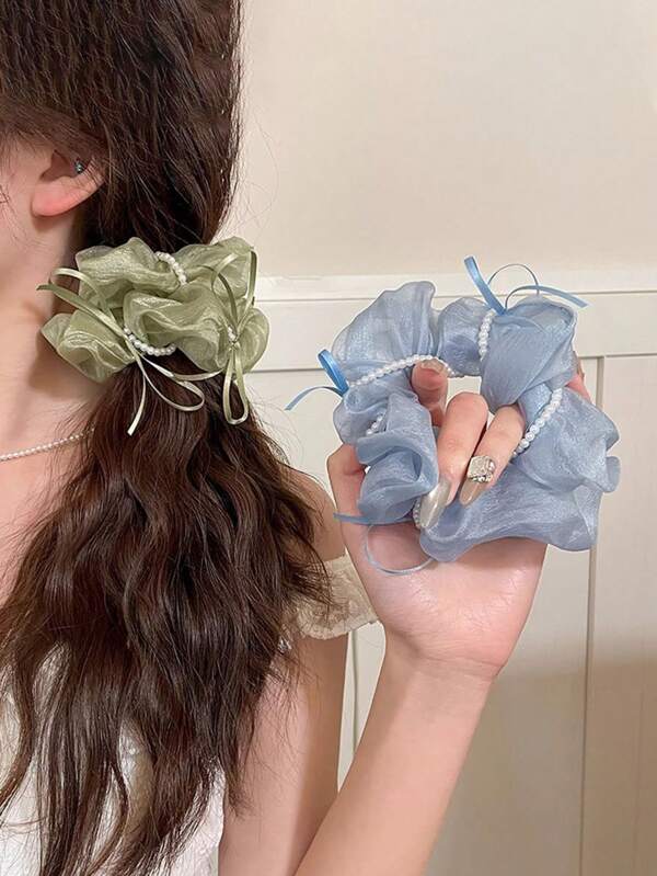 1 x xuxinha de tule com laço e pérolas - Elástico de cabelo elegante e robusto para mulheres, prendedor de rabo de cavalo e coque com charme romântico, elásticos de cabelo elásticos