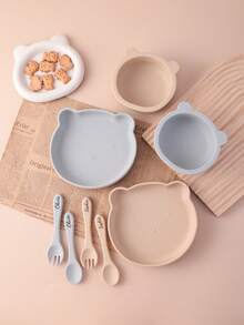 4pcs Personalized Silicone Tableware Set, Suction Cartoon Bear Bowl And Plate, Silicone Spoon And Fork, Letter Pattern For Led Weaning, Baby Shower Gift - Multicolor - View 5