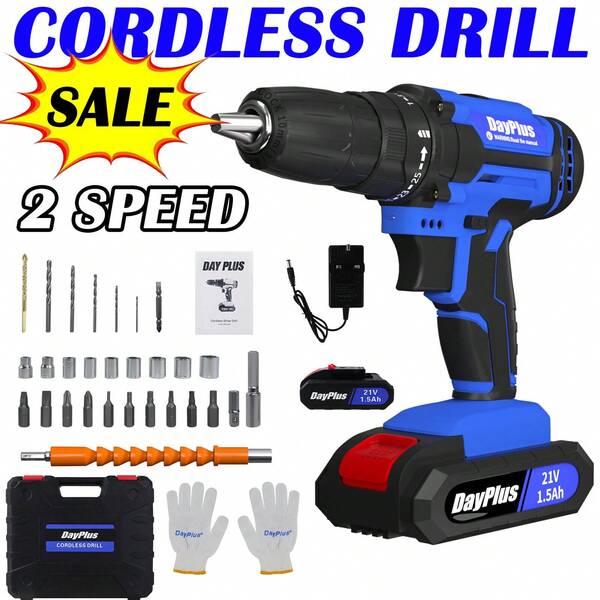 AutoFu Cordless Power Screwdriver Drill Set - 3/8" Chuck, 21V Li-Ion Battery & Fast Charger, Drilling Kit With Carry Case, Rechargeable Power Tool
