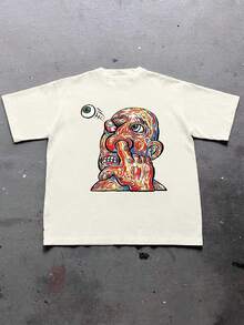 Men's Abstract Figure Printed Round Neck Short Sleeve Casual T-Shirt, Summer - Màu be - Xem 1