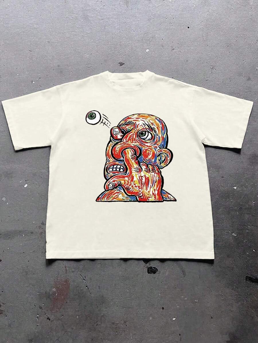 Men's Abstract Figure Printed Round Neck Short Sleeve Casual T-Shirt, Summer - Màu be - Xem 1