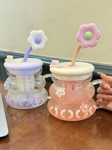 Hochwertige Glas-Trinkflasche für Frauen mit elegantem Aussehen, niedlichem Blumenmuster, inspiriert vom Stil von Teenager Mädchen. Bürotasse mit getrennten Tee- und Wasserbereichen.