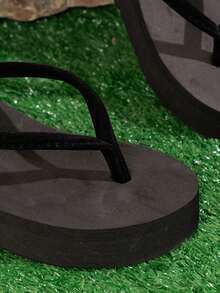 Women's Solid Black Soft Terry Cloth Flip Flops, Casual Vacation Thick Bottom Wedge Beach Slippers, For All Seasons - Black - View 5