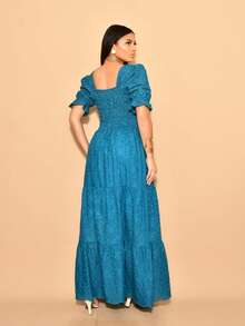 Helena Long Dress Luxury Lese Embroidered Cotton Short Sleeve Plain - 水鴨藍 - 查看 4