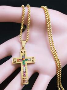 1 pieza Elegante collar con cruz católica para hombre, Conjunto de joyas con collar de acero inoxidable con cruz cristiana en color dorado/plateado/negro, con accesorio de moda brillante