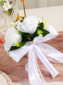 1 Strauß weiße/champagnerfarbene/blaue Hochzeitsbrautblumen, Schleifen-Dekoband mit Perlen Brautstrauß, romantische Blumenanordnung, westlicher Stil künstlicher Blumenstrauß