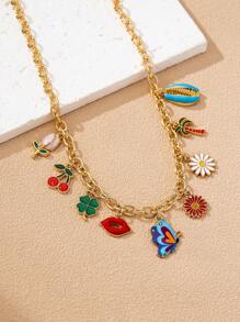 1pc Women's Enamel Chain Pendant Necklace With Versatile Elements Like Butterfly, Flower, Clover, Cherry, Shell, Suitable For Daily Wear And Party