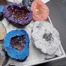 9pcs Natural Crystal Stone Healing Energy Quartz Geode Agate Cluster Raw Stone Set, Electroplated Agate Geode Colorful Asymmetric Cavity Rock Loose Specimen Mineral Education Display Gift For Friends - Multicolor - View 9