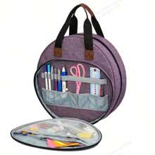 1 pièce Organisateur de boîte à couture ronde en canevas pour la broderie et la croix, avec pochette zippée pour les cerceaux, les graphiques et les fils, les fournitures de couture, convenant pour les crochet de laine, pour une utilisation en sortie
