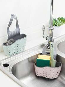 1pc TPR Drain Storage Basket, Modern Two Tone Hollow Out Faucet Drain Rack For Kitchen - Beige - View 5