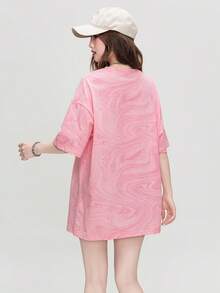 JUTU+ Spring/Summer Round Neck Loose Fashion New Short Sleeve Light Pink Loose Fashionable Polka Dot Print Versatile Ink Painting Print T-Shirt, Women's T-Shirt - 0A66 Light Pink-1008 Black - View 3