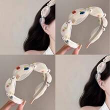 复古法式刺绣樱桃（款式随机）网状头带，带有柔和的褶皱，甜美百搭的宽边高冠发带，女士，白色头带，女士发带，发饰 - 白色 - 查看 1