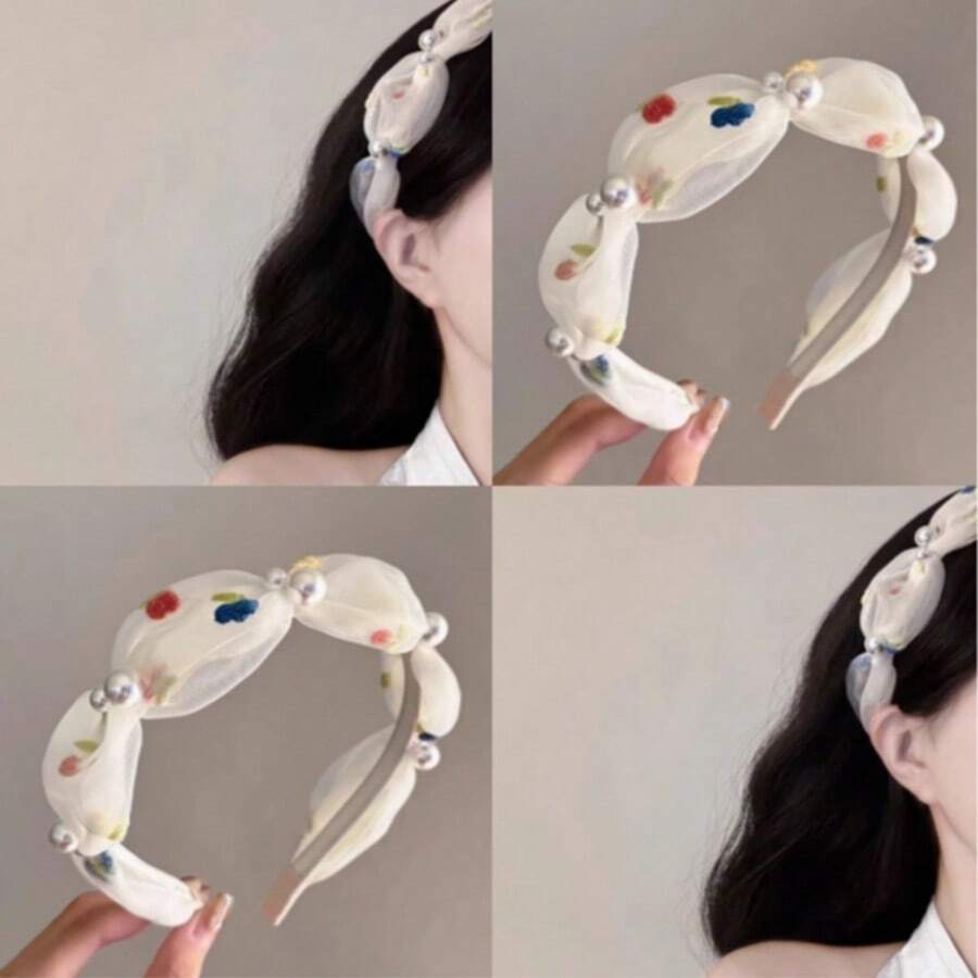 复古法式刺绣樱桃（款式随机）网状头带，带有柔和的褶皱，甜美百搭的宽边高冠发带，女士，白色头带，女士发带，发饰 - 白色 - 查看 1