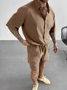 男士宽松落肩短袖衬衫，100%纯棉，纯色，宽松版型，立领，透气舒适，休闲日常度假复古风黑色衬衫，情侣沙滩度假衬衫 - 卡其色 - 查看 8