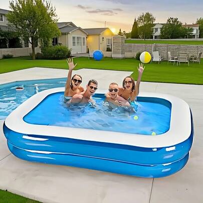 1 个家庭尺寸充气游泳池，耐用 PVC，2 层透明简约纯色设计，适合夏季派对、后院娱乐和户外水上活动，透明蓝色，泳池浮板
