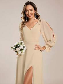 Spring Split Sleeve Split Thigh Chiffon Champagne Bridesmaid Dress For Wedding - Champagne - View 3