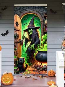 1 pieza - Cubierta de puerta de bruja de Halloween de 180cm x 90cm con cuerda, decoración de puerta de Halloween, fondo de fotografía de miedo, adecuada para suministros de fiesta de Halloween, decoración interior y exterior para colgar - Multicolor - Ver 5