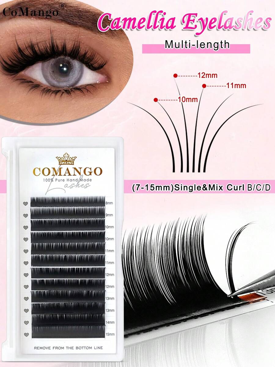 CoMango 12排柔软浓密的山茶花睫毛嫁接，0.07毫米3D俄罗斯貂毛睫毛，自然经典预制优质山羊毛单根睫毛，沙龙级睫毛簇，睫毛簇，单根睫毛，假睫毛