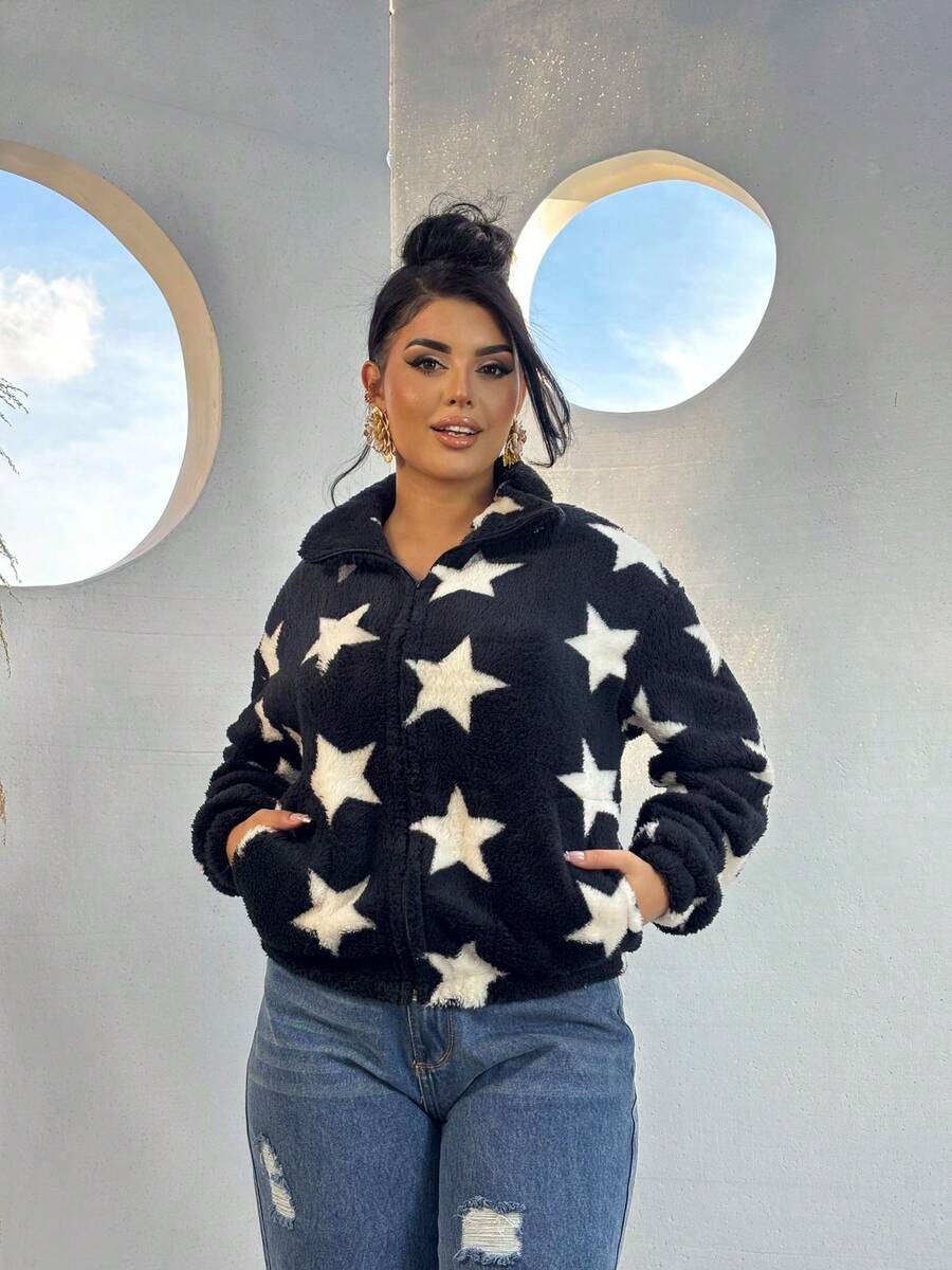Women's Plush Blouse Coat Star Print Zipper Turtleneck Warm And Comfortable Fall Winter Fashion - 黑與白 - 查看 1