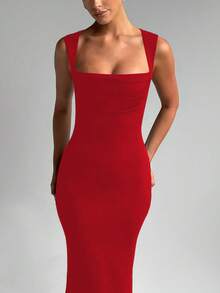 Summer Women Sleeveless Square Collar Bodycon Elegant Long Dress Sexy Party Dress Evening - Red - View 4
